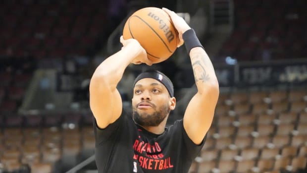 Apr 7, 2024; Toronto, Ontario, CAN; Toronto Raptors guard Bruce Brown (11) goes to shoot a basket during warm up before a game against the Washington Wizards at Scotiabank Arena. Mandatory Credit: John E. Sokolowski-USA TODAY Sports