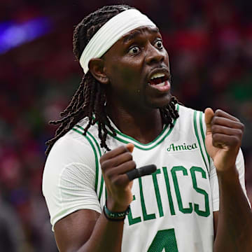 Apr 20, 2025; Boston, Massachusetts, USA; Boston Celtics guard Jrue Holiday (4) reacts after a play during the second against the Orlando Magic at TD Garden. Mandatory Credit: Bob DeChiara-Imagn Images