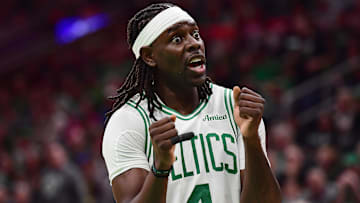  Boston Celtics guard Jrue Holiday reacts after a play (Bob DeChiara-Imagn Images