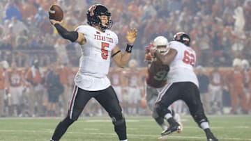 Nov 26, 2015; Austin, TX, USA; Texas Tech Red Raiders quarterback Patrick Mahomes II (5) passes the ball against the Texas Longhorns during the third quarter at Darrell K Royal-Texas Memorial Stadium. Texas Tech beat Texas 48-45. Mandatory Credit: Brendan Maloney-Imagn Images