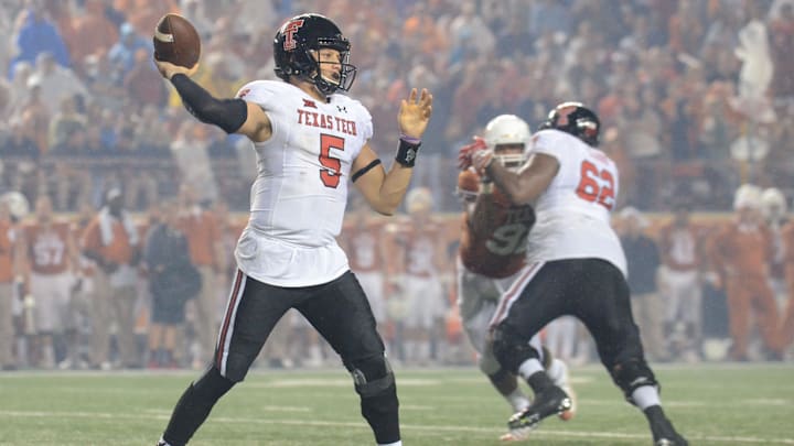 Nov 26, 2015; Austin, TX, USA; Texas Tech Red Raiders quarterback Patrick Mahomes II (5) passes the ball against the Texas Longhorns during the third quarter at Darrell K Royal-Texas Memorial Stadium. Texas Tech beat Texas 48-45. Mandatory Credit: Brendan Maloney-Imagn Images