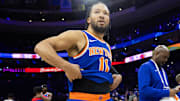 Jan 15, 2025; Philadelphia, Pennsylvania, USA; New York Knicks guard Jalen Brunson (11) walks off the court after a victory in overtime against the Philadelphia 76ers at Wells Fargo Center. Mandatory Credit: Bill Streicher-Imagn Images