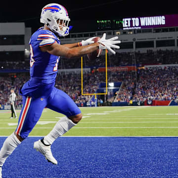 Oct 26, 2023; Orchard Park, New York, USA; Buffalo Bills wide receiver Gabe Davis (13) reacts to scoring a touchdown against the Tampa Bay Buccaneers during the second half at Highmark Stadium.