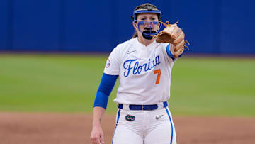 Florida pitcher Keagan Rothrock (7) celebrates after an out during a Women's College World Series softball game between the Texas Longhorns and the Florida Gators at Devon Park in Oklahoma City, Thursday, May 29, 2025.