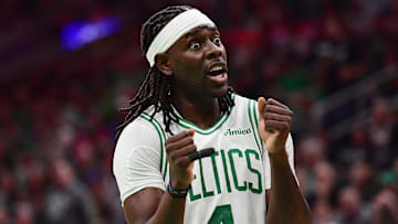 Apr 20, 2025; Boston, Massachusetts, USA; Boston Celtics guard Jrue Holiday (4) reacts after a play during the second against the Orlando Magic at TD Garden. Mandatory Credit: Bob DeChiara-Imagn Images
