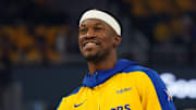 May 10, 2025; San Francisco, California, USA; Golden State Warriors forward Jimmy Butler III (10) warms up before game three of the second round for the 2025 NBA Playoffs against the Minnesota Timberwolves at Chase Center. Mandatory Credit: David Gonzales-Imagn Images