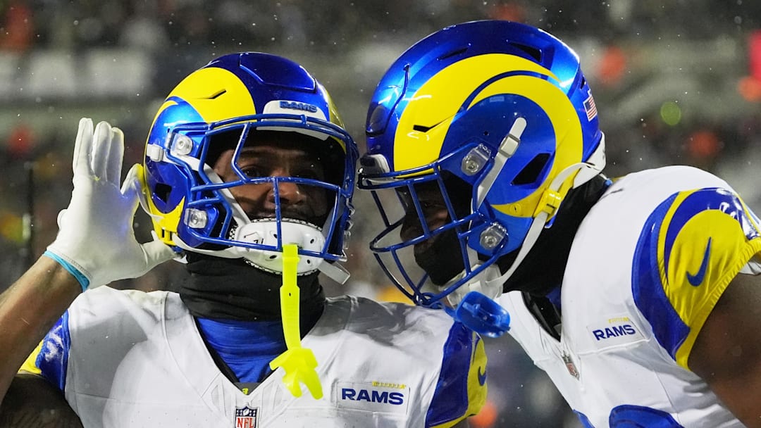 Jan 18, 2026; Chicago, IL, USA; Los Angeles Rams safety Kam Curl (3) acknowledges the crowd with safety Kamren Kinchens (26) after intercepting a pass intended for Chicago Bears wide receiver DJ Moore (not pictured) during overtime of an NFC Divisional Round game at Soldier Field. Mandatory Credit: David Banks-Imagn Images