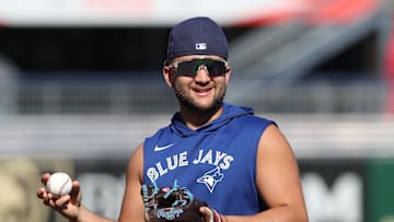 Aug 19, 2025; Pittsburgh, Pennsylvania, USA;  Toronto Blue Jays shortstop Bo Bichette (11) warms up before the game against the Pittsburgh Pirates at PNC Park. Mandatory Credit: Charles LeClaire-Imagn Images