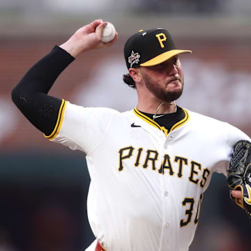 National League pitcher Paul Skenes (30) of the Pittsburgh Pirates pitches in the first inning against the American League during the 2025 MLB All Star Game at Truist Park in 2025. 