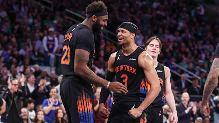 Mar 17, 2026; New York, New York, USA;  New York Knicks guard Josh Hart (3) celebrates center Mitchell Robinson (23) in the third quarter at Madison Square Garden. Mandatory Credit: Wendell Cruz-Imagn Images