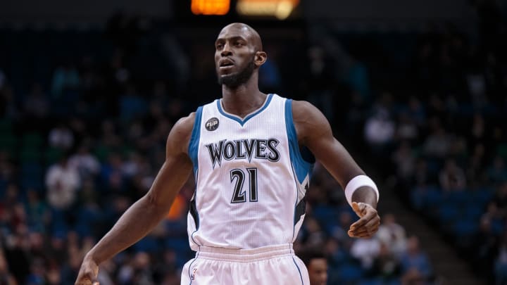 Dec 18, 2015; Minneapolis, MN, USA; Minnesota Timberwolves forward Kevin Garnett (21) before the game against the Sacramento Kings at Target Center. Mandatory Credit: Brad Rempel-USA TODAY Sports