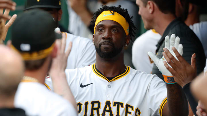  Pittsburgh Pirates designated hitter Andrew McCutchen (22) celebrates in the dugout after scoring a run against the St. Louis Cardinals during the third inning at PNC Park. on July 22.