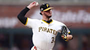 National League pitcher Paul Skenes of the Pittsburgh Pirates pitches in the first inning against the American League during the 2025 MLB All Star Game at Truist Park.