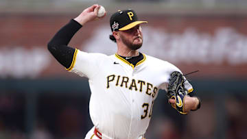 National League pitcher Paul Skenes of the Pittsburgh Pirates pitches in the first inning against the American League during the 2025 MLB All Star Game at Truist Park.