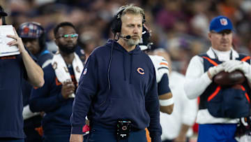 Nov 3, 2024; Glendale, Arizona, USA; Chicago Bears head coach head coach Matt Eberflus against the Arizona Cardinals at State Farm Stadium. Mandatory Credit: Mark J. Rebilas-Imagn Images