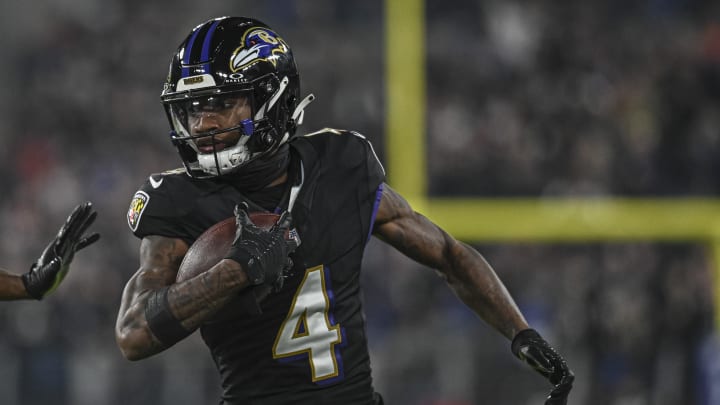 Nov 16, 2023; Baltimore, Maryland, USA;  Baltimore Ravens wide receiver Zay Flowers (4) runs after a first half catch against the Cincinnati Bengals at M&T Bank Stadium. Mandatory Credit: Tommy Gilligan-USA TODAY Sports