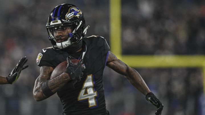 Nov 16, 2023; Baltimore, Maryland, USA;  Baltimore Ravens wide receiver Zay Flowers (4) runs after a first half catch against the Cincinnati Bengals at M&T Bank Stadium. Mandatory Credit: Tommy Gilligan-USA TODAY Sports