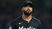 Sep 26, 2025; Miami, Florida, USA; Miami Marlins starting pitcher Sandy Alcantara (22) exits the game against the New York Mets during the eighth inning at loanDepot Park. 