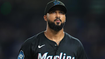Sep 26, 2025; Miami, Florida, USA; Miami Marlins starting pitcher Sandy Alcantara (22) exits the game against the New York Mets during the eighth inning at loanDepot Park. Mandatory Credit: Sam Navarro-Imagn Images