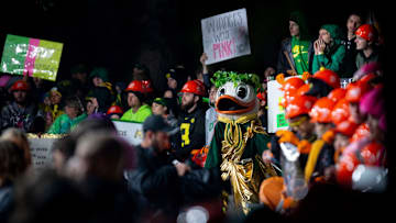 The Duck wanders the set of ESPN's College GameDay at the University of Oregon in Eugene Eugene ahead of the Ducks top-10 matchup against the UCLA Bruins Saturday, Oct. 22, 2022.