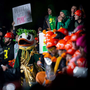 The Duck wanders the set of ESPN's College GameDay at the University of Oregon in Eugene Eugene ahead of the Ducks top-10 matchup against the UCLA Bruins Saturday, Oct. 22, 2022.