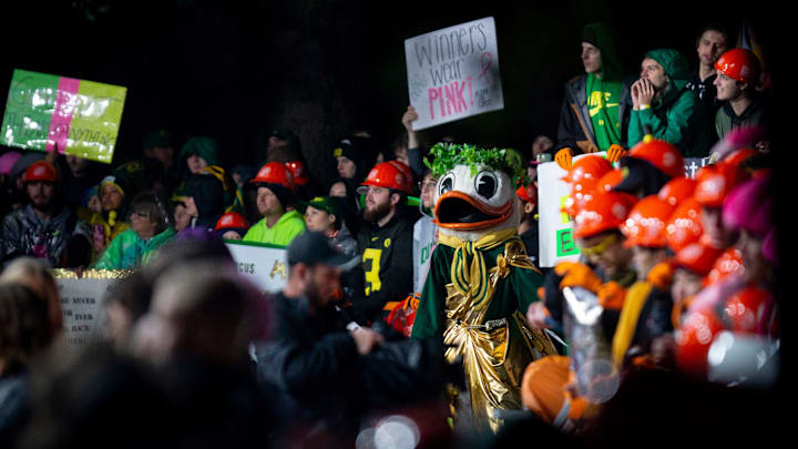 The Duck wanders the set of ESPN's College GameDay at the University of Oregon in Eugene Eugene ahead of the Ducks top-10 matchup against the UCLA Bruins Saturday, Oct. 22, 2022.