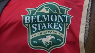 Jun 7, 2025; Saratoga, NY, USA; A general view of the Belmont Stakes at Saratoga logo at Saratoga Race Course. Mandatory Credit: Gregory Fisher-Imagn Images