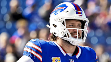 Oct 20, 2024; Orchard Park, New York, USA; Buffalo Bills quarterback Josh Allen (17)  warms up before a game against the Tennessee Titans at Highmark Stadium. Mandatory Credit: Mark Konezny-Imagn Images