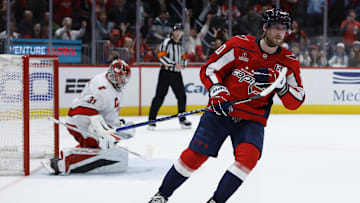 Apr 10, 2025; Washington, District of Columbia, USA; Washington Capitals left wing Pierre-Luc Dubois (80) reacts after scoring a goal on Carolina Hurricanes goaltender Frederik Andersen (31) in a shootout at Capital One Arena. Mandatory Credit: Geoff Burke-Imagn Images
