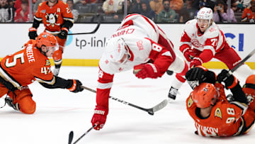 Oct 31, 2025; Anaheim, California, USA;  Anaheim Ducks right wing Beckett Sennecke (45) controls the puck as Detroit Red Wings defenseman Ben Chiarot (8) jumps over the puck during the second period at Honda Center. Mandatory Credit: Kiyoshi Mio-Imagn Images