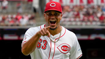 Cincinnati Reds pitcher Fernando Cruz (63) celebrates after playing a bunt to end the top of the fourth inning of the MLB National League Game between the Cincinnati Reds and the Pittsburgh Pirates at Great American Ball Park in downtown Cincinnati on Sunday, Sept. 22, 2024. The Pirates led 1-0 after four innings.