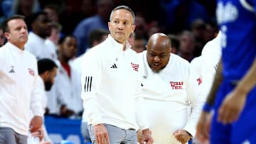 Mar 22, 2025; Wichita, KS, USA; Texas Tech Red Raiders head coach Grant McCasland reacts after a play against the Drake Bulldogs during the first half at Intrust Bank Arena. Mandatory Credit: Nick Tre. Smith-Imagn Images