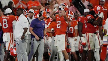 Aug 30, 2025; Clemson, South Carolina, USA; Clemson Tigers quarterback Cade Klubnik (2) takes off his helmet on the sideline during the second half at Memorial Stadium. Mandatory Credit: Ken Ruinard-USA TODAY Network via Imagn Images