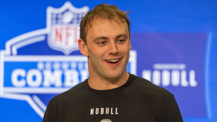 Feb 29, 2024; Indianapolis, IN, USA; Georgia tight end Brock Bowers (TE04) talks to the media during the 2024 NFL Combine at Lucas Oil Stadium. Mandatory Credit: Trevor Ruszkowski-USA TODAY Sports