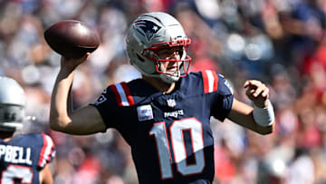 Sep 28, 2025; Foxborough, Massachusetts, USA; New England Patriots quarterback Drake Maye (10) looks to throw against the Carolina Panthers during the first half at Gillette Stadium. Mandatory Credit: Brian Fluharty-Imagn Images