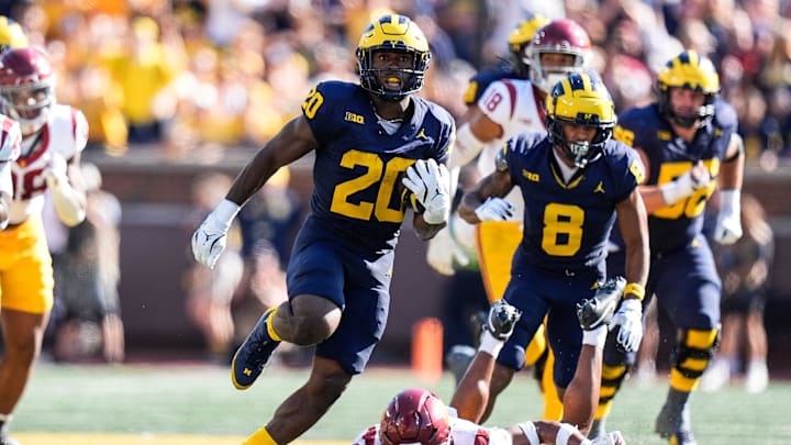 Michigan running back Kalel Mullings (20) runs against USC during the first half at Michigan Stadium in Ann Arbor on Saturday, Sept. 21, 2024.