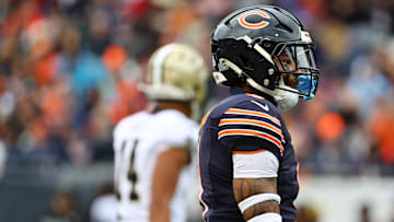 Chicago Bears safety Jaquan Brisker (9) reacts against the New Orleans Saints during the first quarter at Soldier Field. 