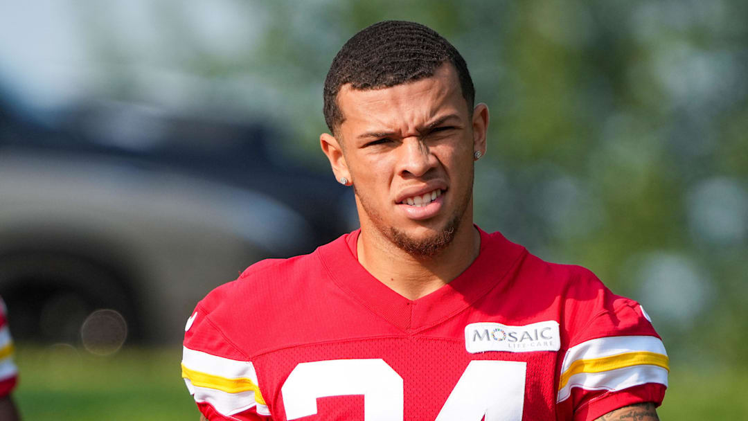 Jul 22, 2024; St. Joseph, MO, USA; Kansas City Chiefs wide receiver Skyy Moore (24) walks down the hill from the locker room to the fields prior to training camp at Missouri Western State University. Mandatory Credit: Denny Medley-Imagn Images