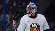 Feb 1, 2025; Tampa, Florida, USA; New York Islanders goaltender Ilya Sorokin (30) looks on against the Tampa Bay Lightning in the second period at Amalie Arena. Mandatory Credit: Nathan Ray Seebeck-Imagn Images