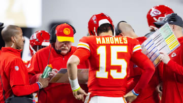 Feb 11, 2024; Paradise, Nevada, USA; Kansas City Chiefs head coach Andy Reid with quarterback Patrick Mahomes (15) against the San Francisco 49ers during Super Bowl LVIII at Allegiant Stadium. Mandatory Credit: Mark J. Rebilas-USA TODAY Sports