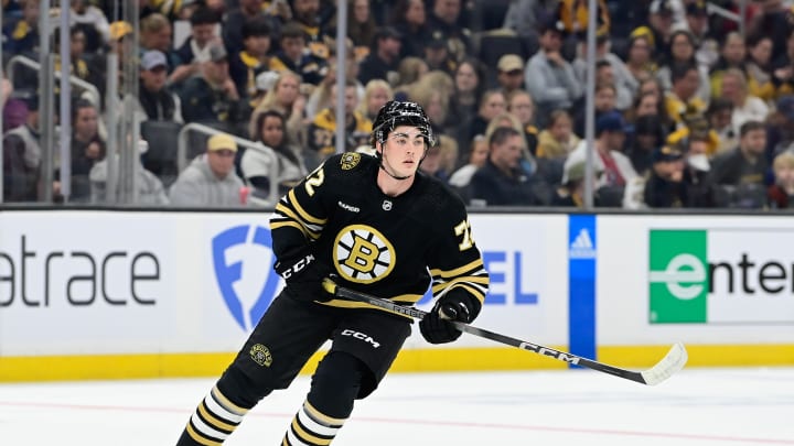 Sep 24, 2023; Boston, Massachusetts, USA; Boston Bruins center Brett Harrison (72) skates against the New York Rangers during the first period at TD Garden. Mandatory Credit: Eric Canha-USA TODAY Sports