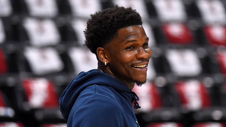 Apr 18, 2026; Denver, Colorado, USA; Minnesota Timberwolves guard Anthony Edwards (5) warms up before the game against the Denver Nuggets during game one of the first round of the 2026 NBA Playoffs at Ball Arena. Mandatory Credit: Christopher Hanewinckel-Imagn Images