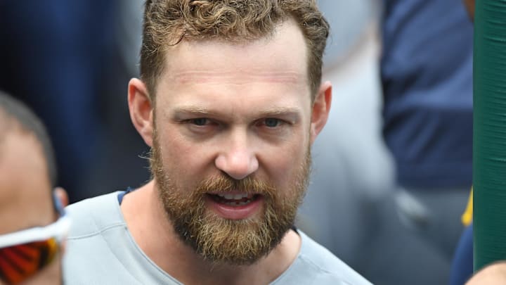 Jun 1, 2025; Philadelphia, Pennsylvania, USA; 
Milwaukee Brewers first baseman Rhys Hoskins (17) in the dugout against the Philadelphia Phillies at Citizens Bank Park. Mandatory Credit: Eric Hartline-Imagn Images