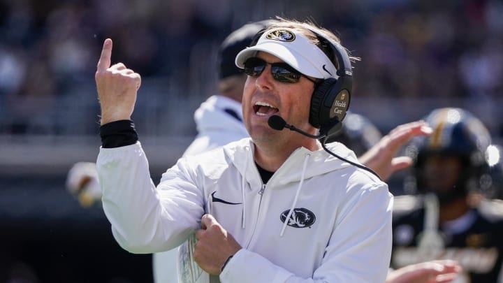 Oct 7, 2023; Columbia, Missouri, USA; Missouri Tigers head coach Eli Drinkwitz gestures against the LSU Tigers during the second half at Faurot Field at Memorial Stadium. Mandatory Credit: Denny Medley-USA TODAY Sports