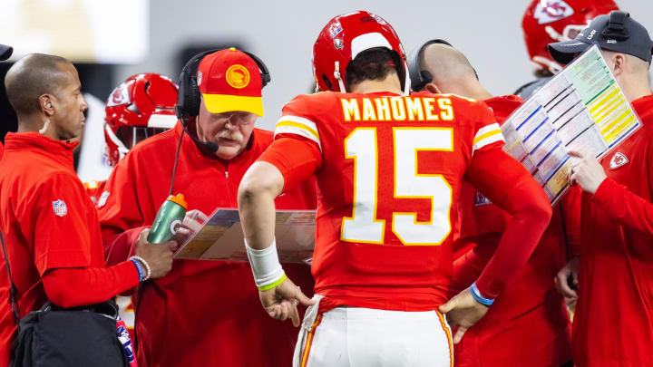 Feb 11, 2024; Paradise, Nevada, USA; Kansas City Chiefs head coach Andy Reid with quarterback Patrick Mahomes (15) against the San Francisco 49ers during Super Bowl LVIII at Allegiant Stadium. Mandatory Credit: Mark J. Rebilas-USA TODAY Sports