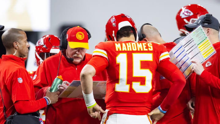 Feb 11, 2024; Paradise, Nevada, USA; Kansas City Chiefs head coach Andy Reid with quarterback Patrick Mahomes (15) against the San Francisco 49ers during Super Bowl LVIII at Allegiant Stadium. Mandatory Credit: Mark J. Rebilas-USA TODAY Sports