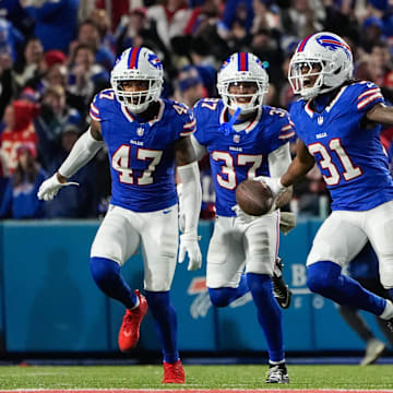 Nov 2, 2025; Orchard Park, New York, USA; Buffalo Bills cornerback Maxwell Hairston (31) intercepts the ball in the second half against the Kansas City Chiefs at Highmark Stadium. 