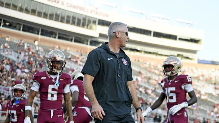 Sep 2, 2024; Tallahassee, Florida, USA; Florida State Seminoles head coach Mike Norvell before the game against the Boston College Eagles at Doak S. Campbell Stadium. Mandatory Credit: Melina Myers-Imagn Images