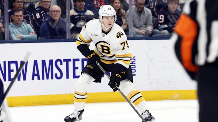 Mar 29, 2026; Columbus, Ohio, USA; Boston Bruins left wing Lukas Reichel (75) looks to pass against the Columbus Blue Jackets during the first period at Nationwide Arena. Mandatory Credit: Russell LaBounty-Imagn Images
