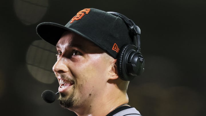 Aug 2, 2024; Cincinnati, Ohio, USA; San Francisco Giants starting pitcher Blake Snell (7) smiles as he takes a post game interview after throwing a no-hitter against the Cincinnati Reds at Great American Ball Park. 